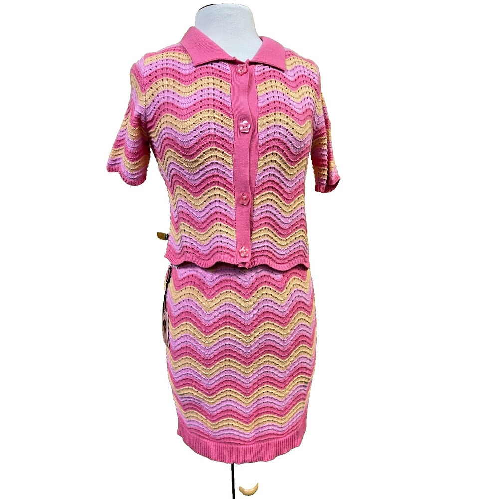 NWT Sincerely Jules Two Piece Set Button Top Pullon Skirt Pink Wave Crochet SZ M